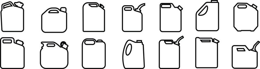 Jerrycan, canister icon in line style set pictogram isolated on transparent background. petrol, gasoline, fuel or oil can symbol. black diesel plastic empty water canister vector for apps, website - obrazy, fototapety, plakaty