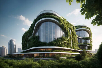 Obraz premium Eco friendly, futuristic green buildings, sustainable glass financial or residential modern houses with plants for reducing carbon dioxide and heat. Office, corporate building with green environment. 