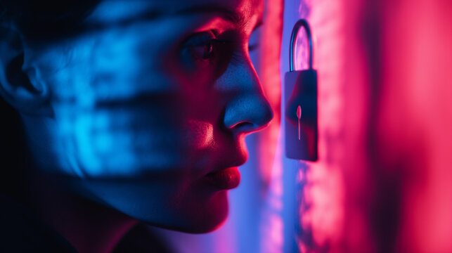 Cyberkriminalit&auml;t klaut Identit&auml;t mit Angriff im Internet mit unscharfem Hintergrund mit Zahlencodes Quellcode und Laptop mit Schloss Symbol Generative AI