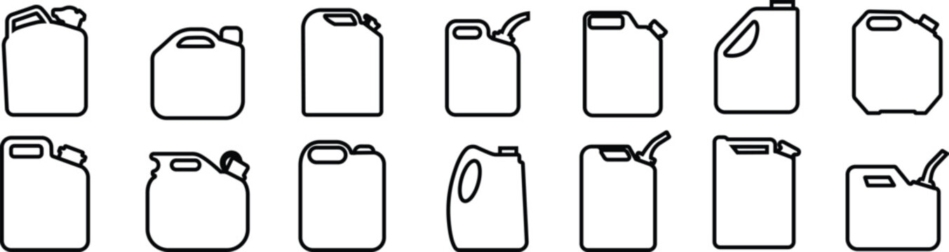 Jerrycan, canister icon in line style set pictogram isolated on transparent background. petrol, gasoline, fuel or oil can symbol. black diesel plastic empty water canister vector for apps, website