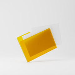 Yellow transparent folder with blank papers isolated over white background. Mockup template. 3D rendering.