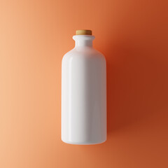 White porcelain bottle isolated over orange background. Top view. Mockup template. 3d rendering.