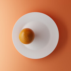 White porcelain plate with orange isolated over orange background. Top view. Mockup template. 3d rendering.