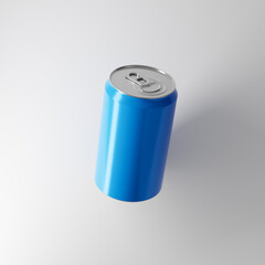 Blue aluminum soda can isolated over white background. Top view. Mockup template. 3d rendering.