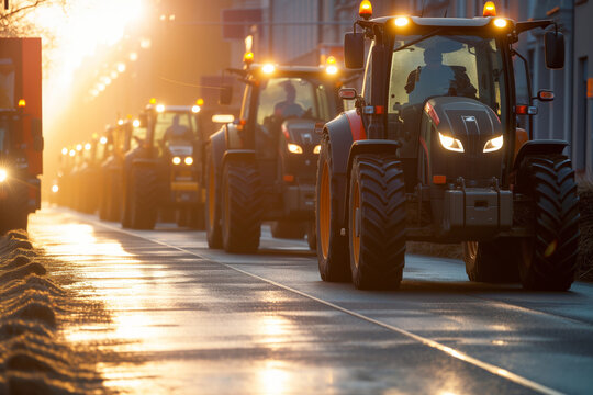 Tractors Line Up in Protest on the street in the city of Europe. 