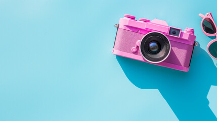 Retro pink camera and sunglasses with a blue shadow, suitable for travel blogs, photography tutorials, and summer fashion promos - obrazy, fototapety, plakaty