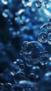 Science blue molecule atoms structures on blue liquid serum background. Many Molecular water drop, abstract structure for science or medical background. Generative ai