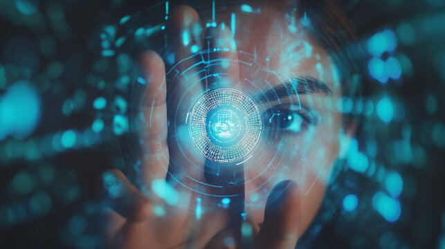 Digitales 3d Auge leuchtet mit Zahlencodes und Quelltext kryptisch symbolisch f&uuml;r Datenschutz und Privatsph&auml;re der Identit&auml;t sch&uuml;tzen Generative AI