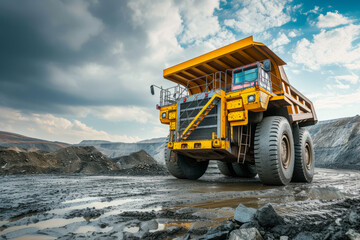 Yellow dump truck in quarry, Coal mining in an open pit