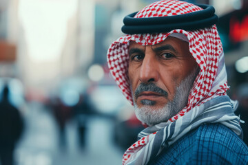 Arab man in traditional clothes on a city street, Bearded man wearing headscarf keffiyeh and kandura