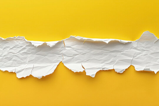 Torn white paper with jagged edges on a yellow background.