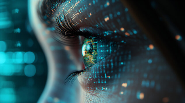 Digitales 3d Auge leuchtet mit Zahlencodes und Quelltext kryptisch symbolisch f&uuml;r Datenschutz und Privatsph&auml;re der Identit&auml;t sch&uuml;tzen Generative AI