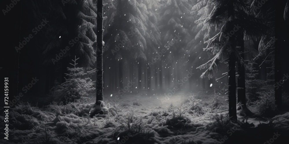 Aufkleber A captivating black and white photo of a snowy forest. Perfect for adding a touch of elegance and tranquility to any project