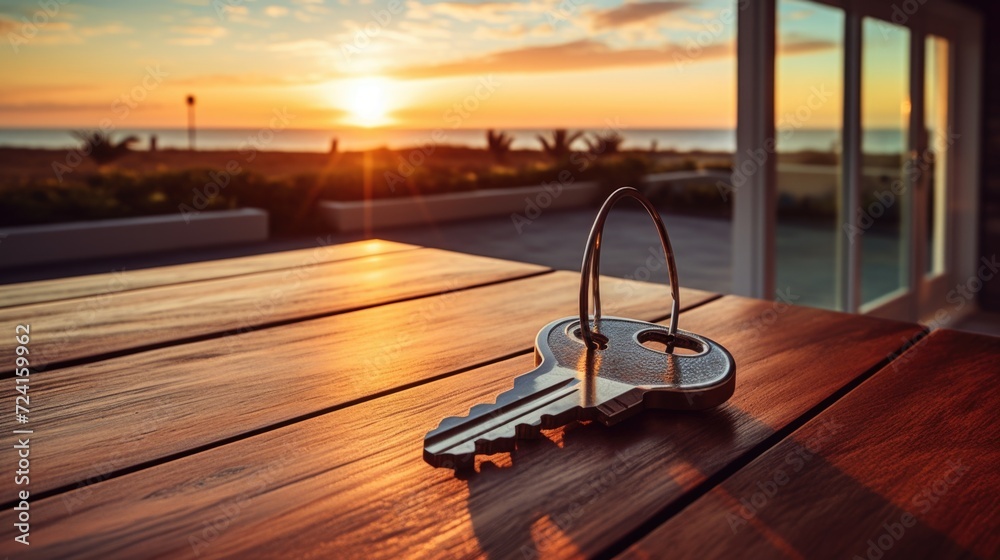 Poster a bunch of keys sitting on top of a wooden table. can be used for home security or real estate conce