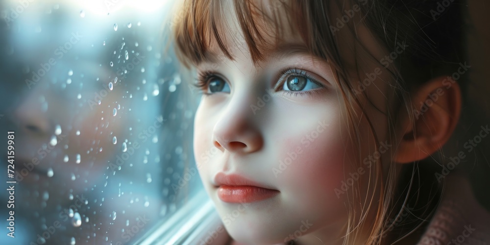 Poster a little girl is seen looking out a window at the rain. this image can be used to depict curiosity, 