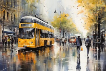 A painting of a yellow bus on a city street. Suitable for transportation themes and urban scenes - obrazy, fototapety, plakaty