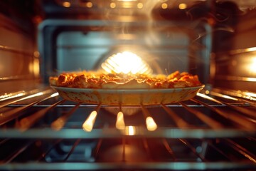 A pie is baking in an oven with a lit candle. Perfect for food and baking-related projects