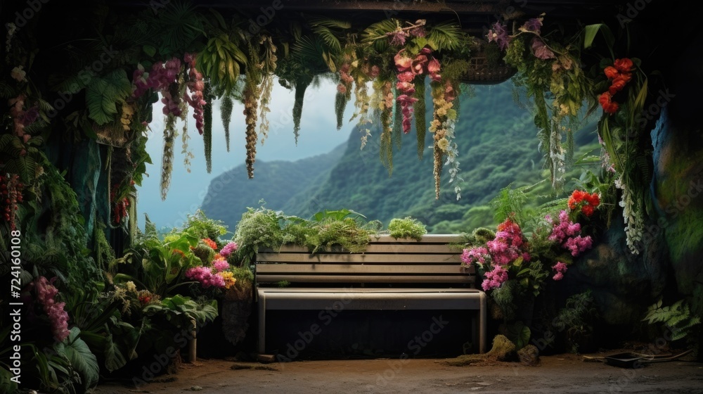Poster A peaceful bench nestled among a vibrant display of colorful flowers and lush greenery. Perfect for adding a touch of tranquility to any project or design