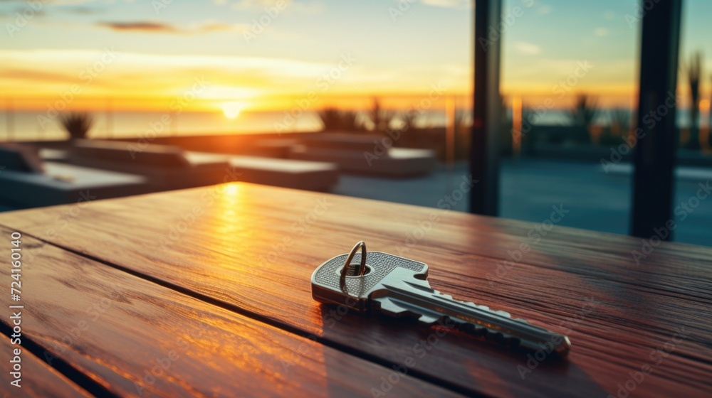 Poster A single key placed on top of a wooden table. This versatile image can be used to represent concepts such as security, access, home, and more