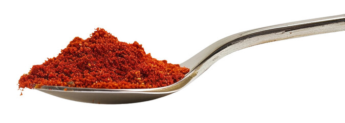 Spoon with red pepper powder isolated on white or transparent background