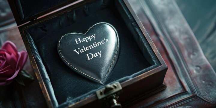 A heart-shaped metal object is delicately placed inside a wooden box. This image can be used to represent love, romance, or as a gift concept