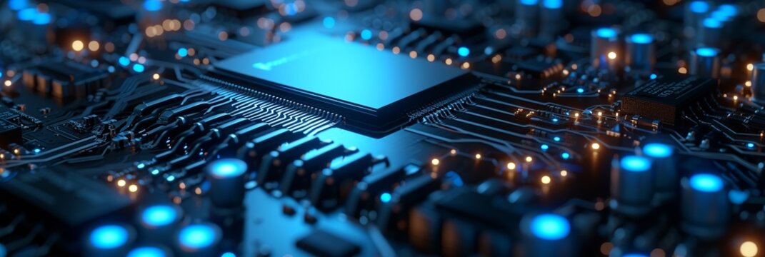 A blue illuminated circuit board, iconic, chip
