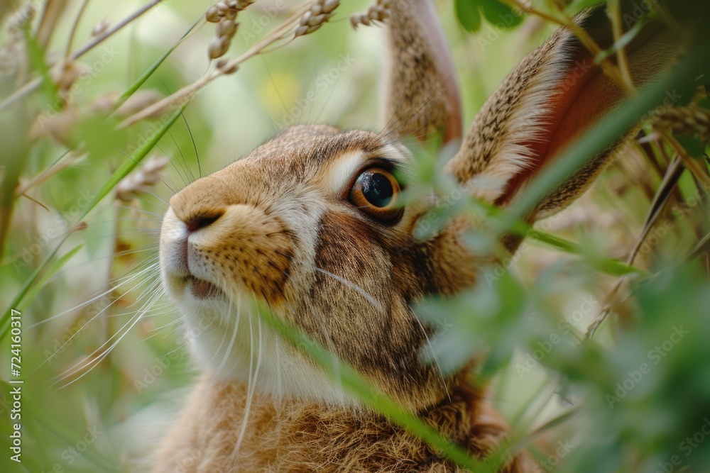 Poster A close-up view of a rabbit in the grass. Suitable for various uses