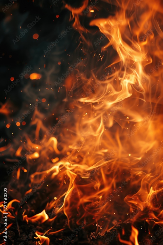 Poster a close-up view of a fire on a black background. this image can be used for various purposes