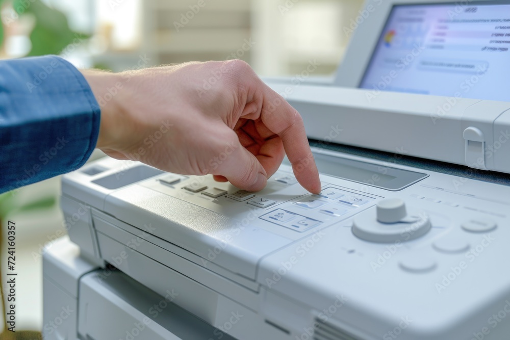 Aufkleber a person is seen pressing a button on a printer. this image can be used to depict office work, techn