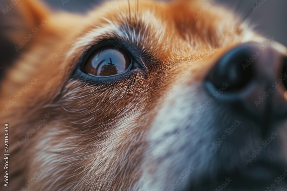 Poster a close-up view of a dog's face with a blurred background. suitable for pet-related projects or anim