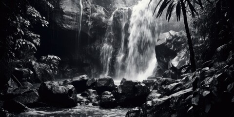 A black and white photo of a waterfall. Suitable for various uses