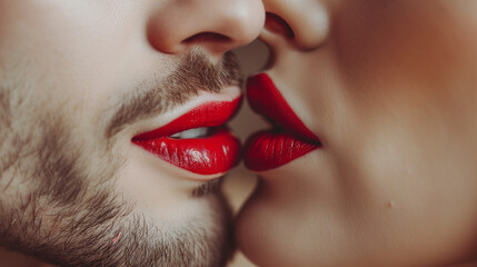 Close-up of a passionate couple with bright red lipstick. Suitable for Valentine's Day promotions or beauty campaigns
