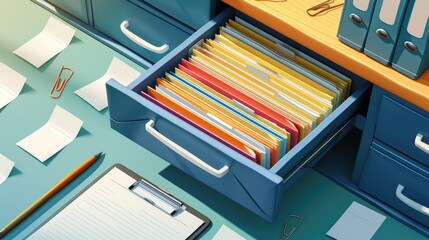 A drawer filled with organized files next to a clipboard. Perfect for office organization and administrative tasks