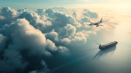 High altitude view of an airplane passing through the clouds, a cargo ship sailing on the sea, a clear sky, blue and white tones, creative use - obrazy, fototapety, plakaty