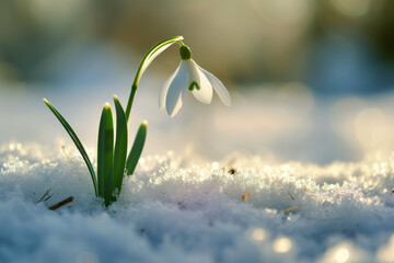 Forest snowdrop in a clearing with snow. Backdrop with selective focus and copy space