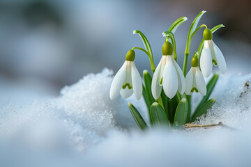 First spring flowers, wild snowdrops in the forest. Backdrop with selective focus and copy space