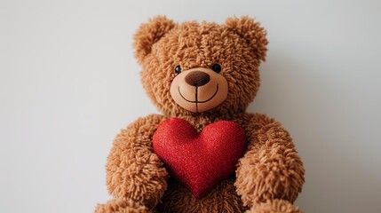 A huge plush bear and a plush heart pillow between the bear's hands. waiting as a Valentine's Day gift in a white, plain, minimalist background.