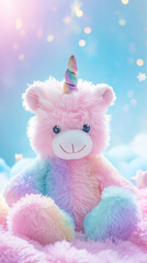 Pastel-toned unicorn plush toy with a magical sparkle, suitable for children's room decor ads