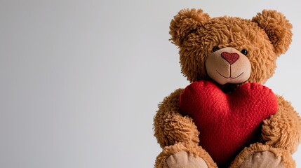 A huge plush bear and a plush heart pillow between the bear's hands. waiting as a Valentine's Day gift in a white, plain, minimalist background.