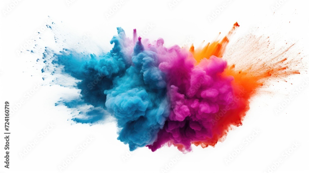 Poster Colorful powder creating a vibrant cloud against a clean white background. Perfect for adding a burst of color and excitement to any design or project