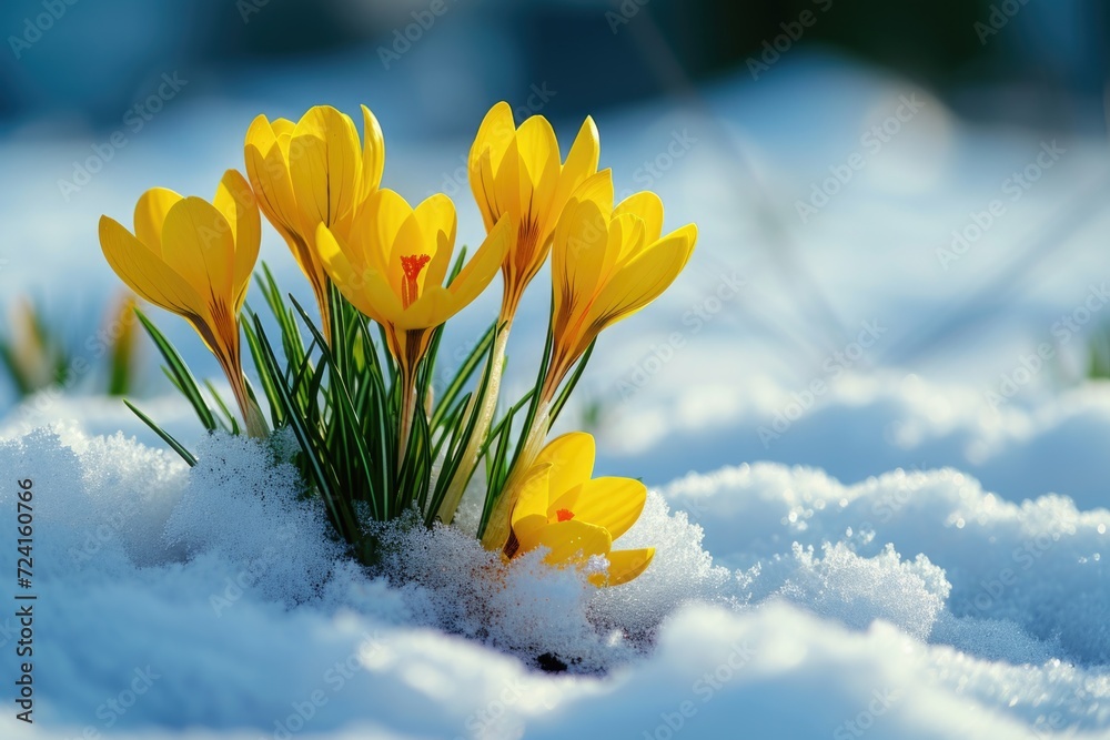 Wall mural Yellow flowers contrast beautifully against the snowy backdrop. Perfect for winter-themed designs