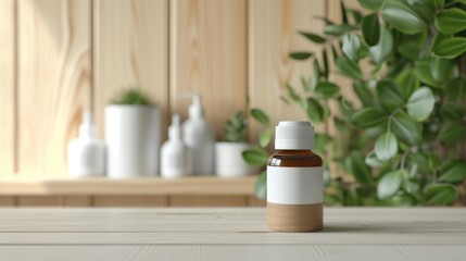 A bottle of essential oil sitting on a table. Suitable for aromatherapy and natural skincare concepts - obrazy, fototapety, plakaty