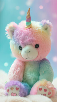 Soft and cuddly unicorn plush toy in a dreamy setup, ideal for nursery advertisements