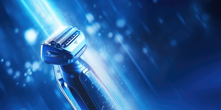 A close up view of a razor on a blue background. This image can be used to depict personal grooming, shaving, or men's hygiene