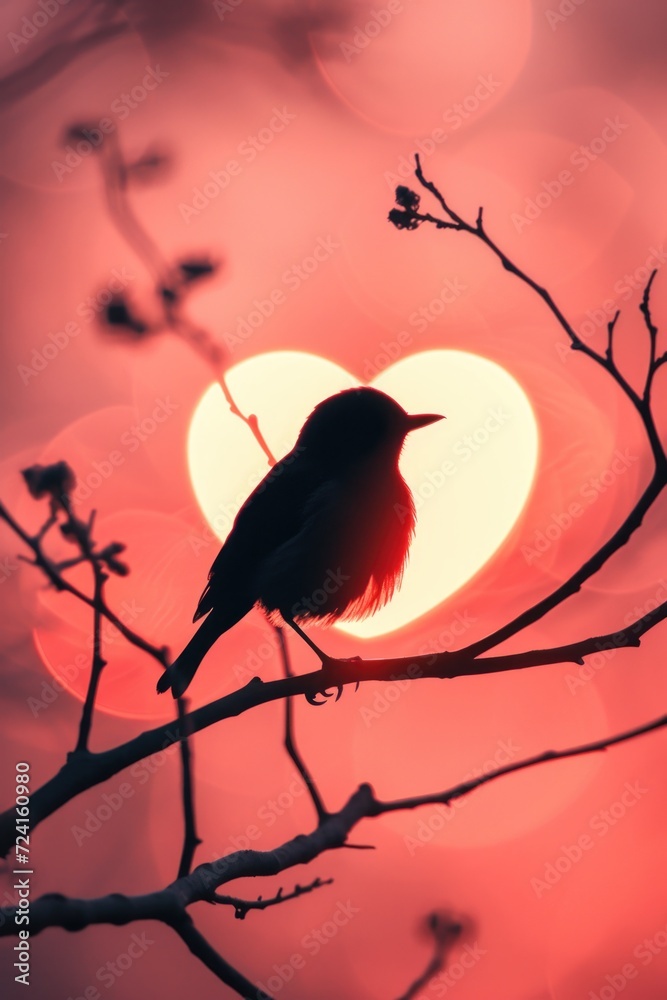 Poster a bird is sitting on a branch in front of the sun. suitable for nature and wildlife themes