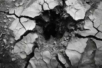 A black and white photo of a crack in the ground. Suitable for illustrating natural formations and geological phenomena