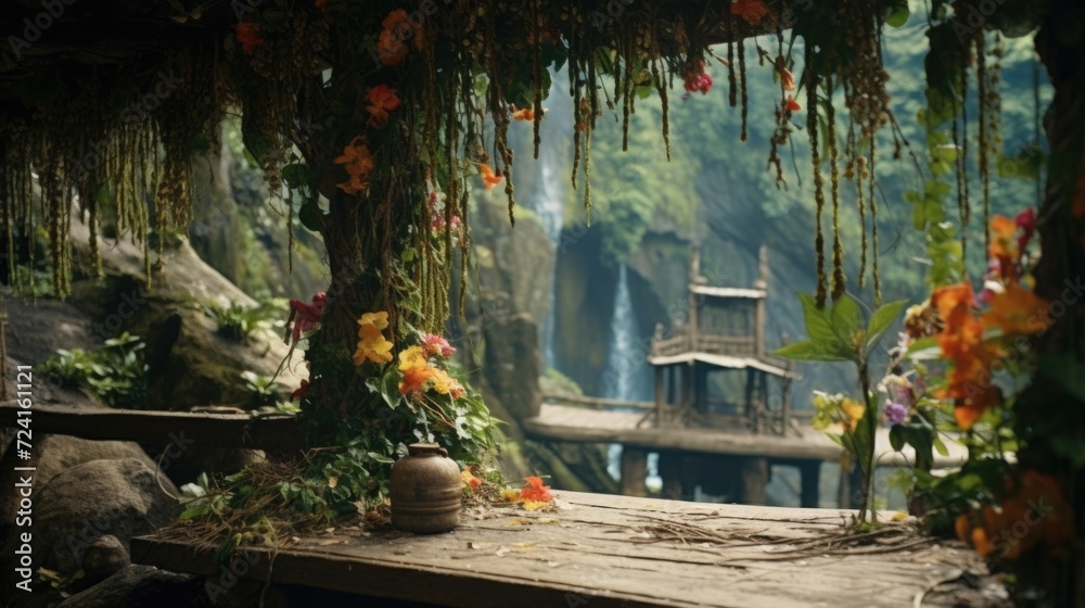 Aufkleber a picturesque wooden table adorned with beautiful flowers, placed near a mesmerizing waterfall. perf