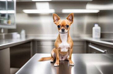 small dog is sitting on stainless veterinary exam table in vet clinic cabinet with blurred background, free space for text