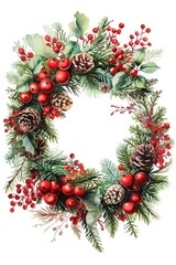 Fototapeta na wymiar A festive Christmas wreath adorned with pine cones and berries. Perfect for holiday decorations