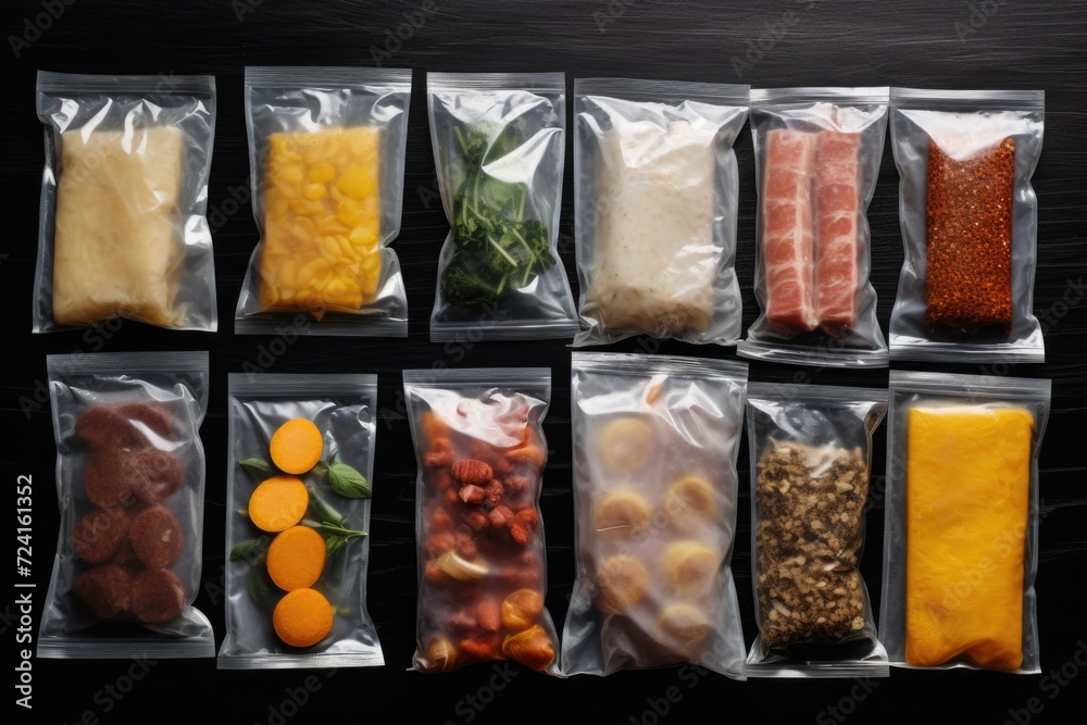 Poster bags of food sitting on top of a table. suitable for various food-related themes and concepts